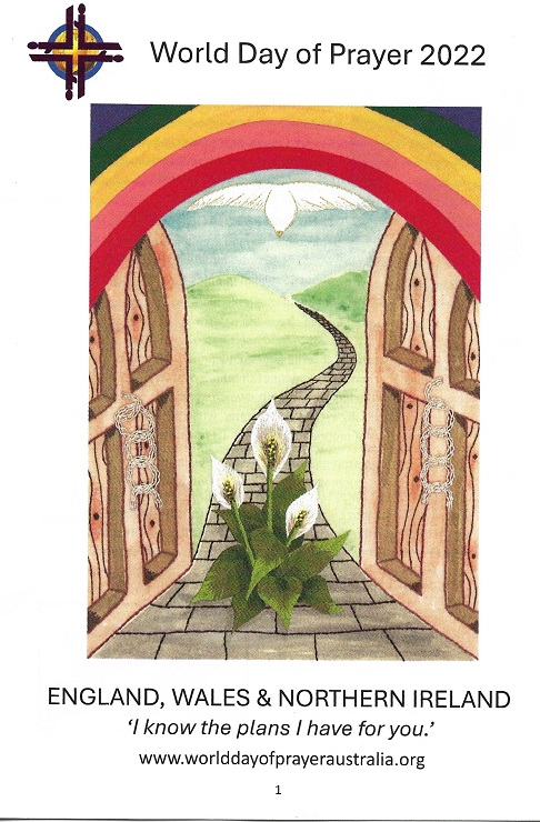 Angie Fox's embroidered artwork depicts theme words:
Freedom-open door to a pathway across endless open vista, 
Justice- broken chains,  
God's peace and forgiveness- dove of peace and peace lily breaking through the pavement,  
Over all- rainbow representing the overreaching love and mercy of God.